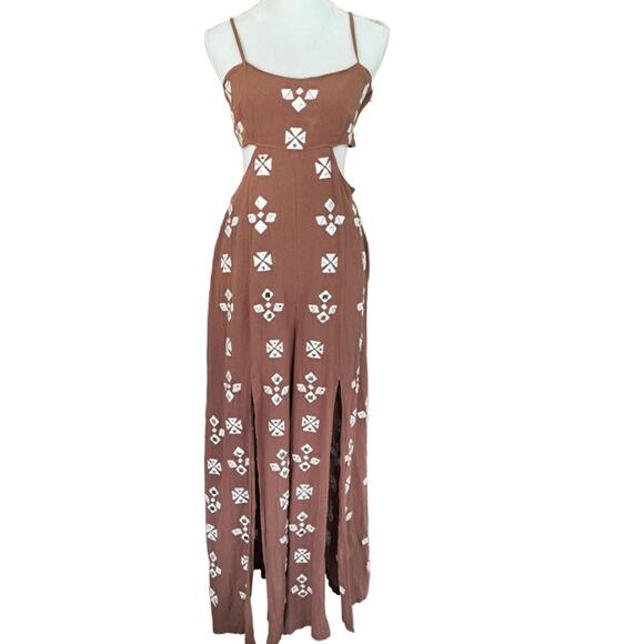 FREE PEOPLE Geo Daze Brown Cutout Jumpsuit Small Embroidered Split Wide Leg - Picture 2 of 11